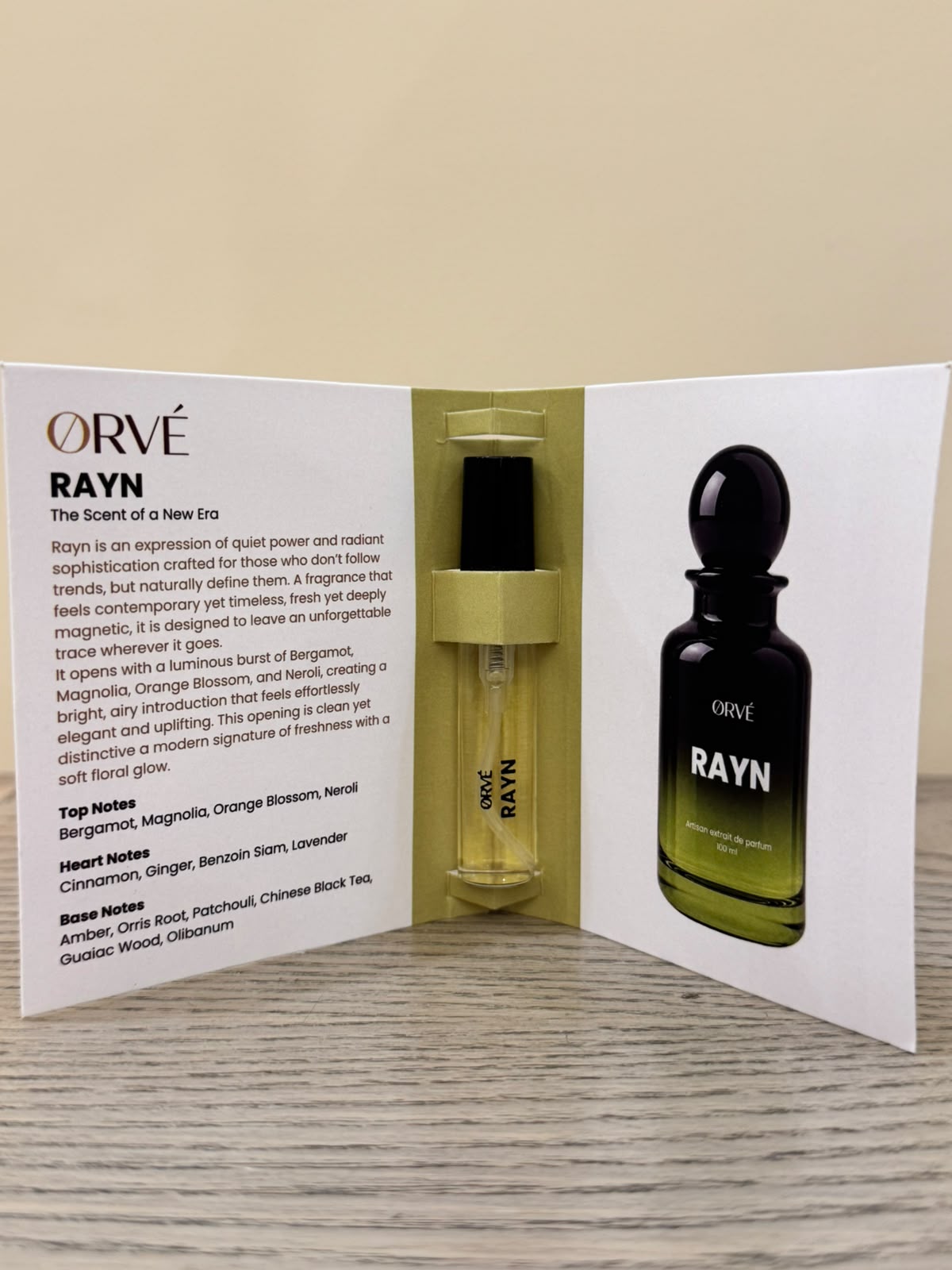 ORVE RAYN sample card with 5ml vial